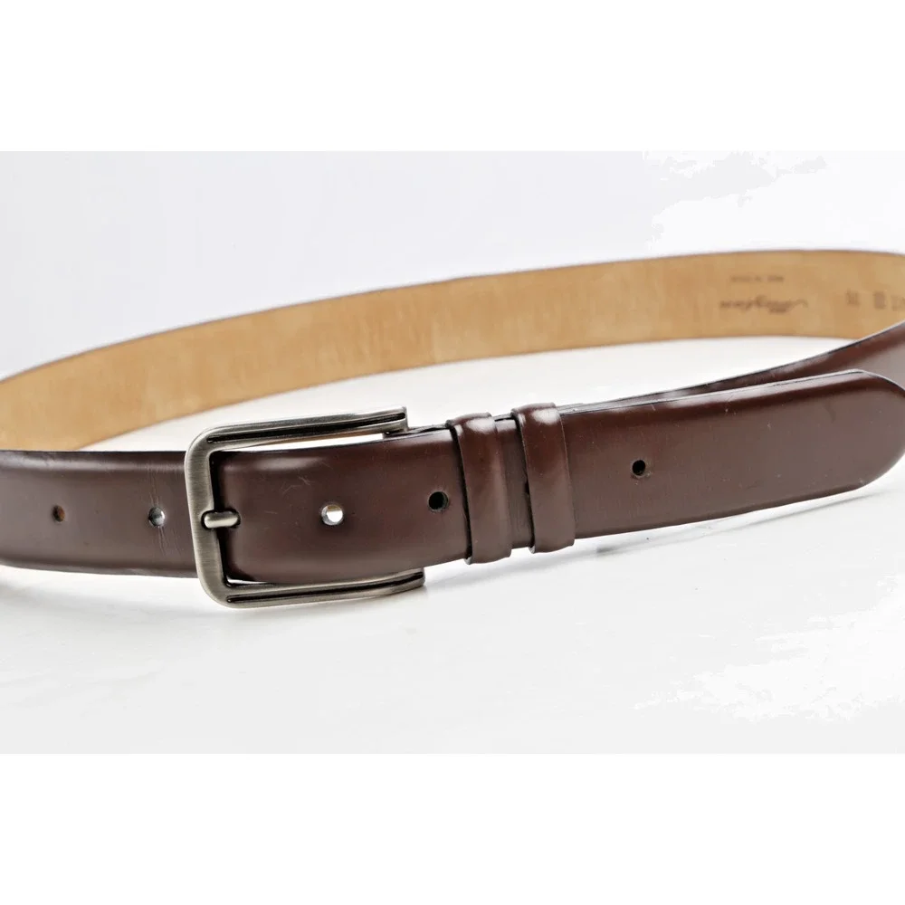 Mezlan Brown Leather Dress Belt Silver Square Buckle Double Loops Spain Size 36